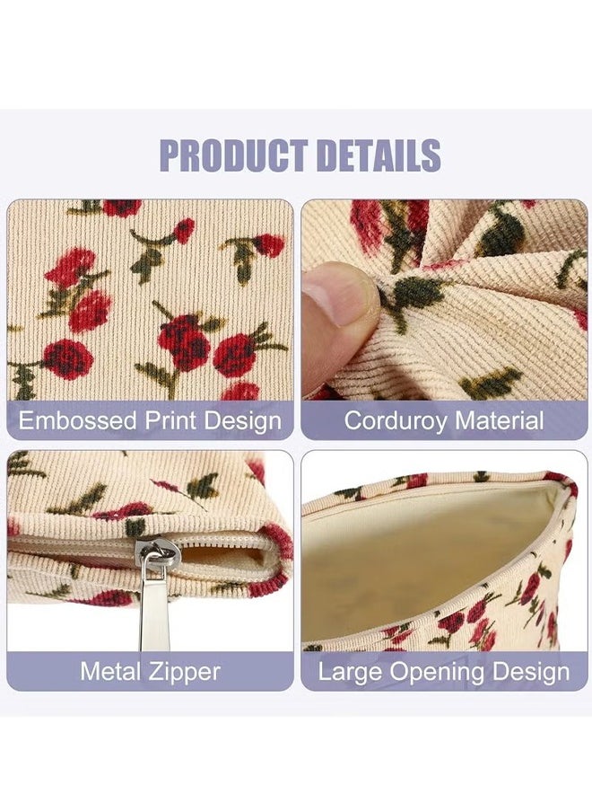 HY Aesthetic Floral Makeup Bag Cute Cosmetic Bag for Women,Large Capacity Corduroy Makeup Organizer Bag,Travel Toiletry Bag Skincare Bag (Beige Rose)  - Image 5