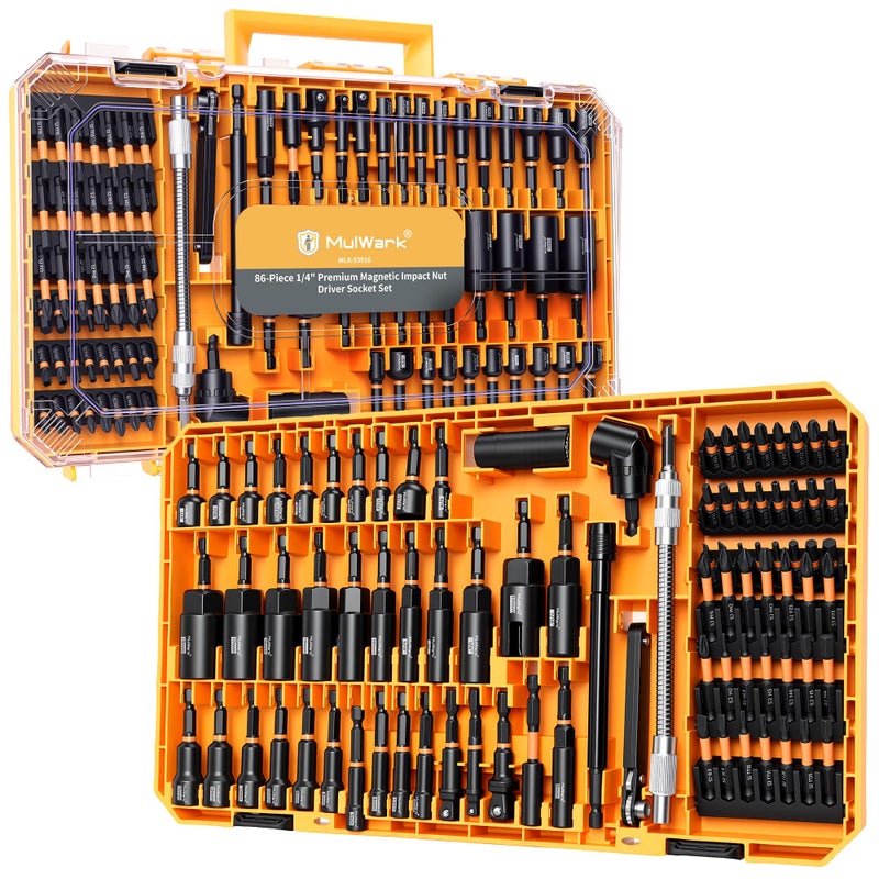 Mulwark 86PC Magnetic Nut Driver Set & Impact Driver Bit Set, 1/4" Metric & SAE Sockets, Nut Driver Set Power Bits, Adapters, Extensions, Universal Socket, Wing Nut Driver & Bit Holder, for Automotive - Image 1
