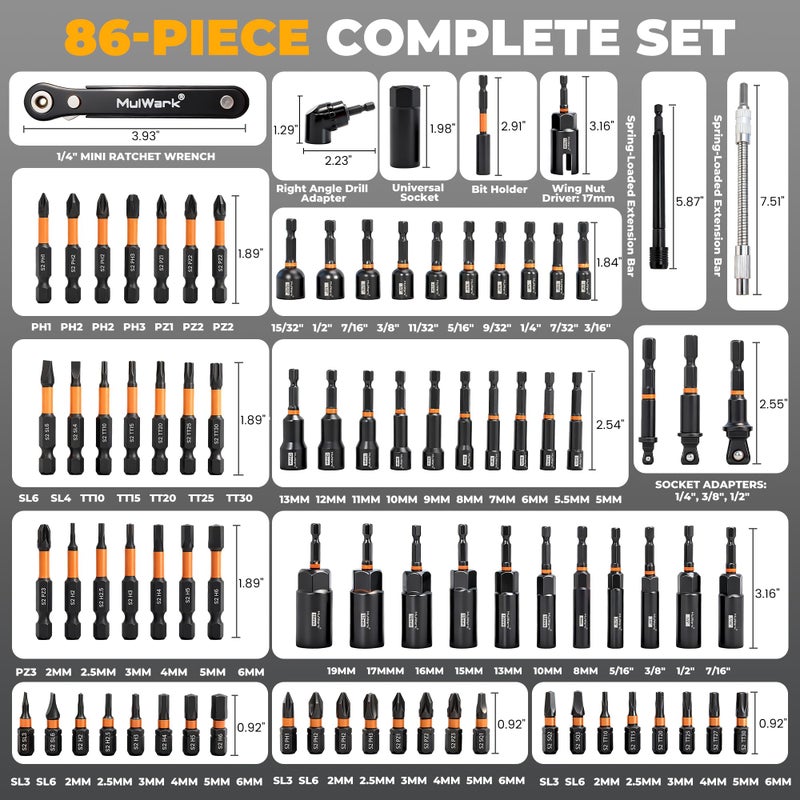 Mulwark 86PC Magnetic Nut Driver Set & Impact Driver Bit Set, 1/4" Metric & SAE Sockets, Nut Driver Set Power Bits, Adapters, Extensions, Universal Socket, Wing Nut Driver & Bit Holder, for Automotive - Image 2