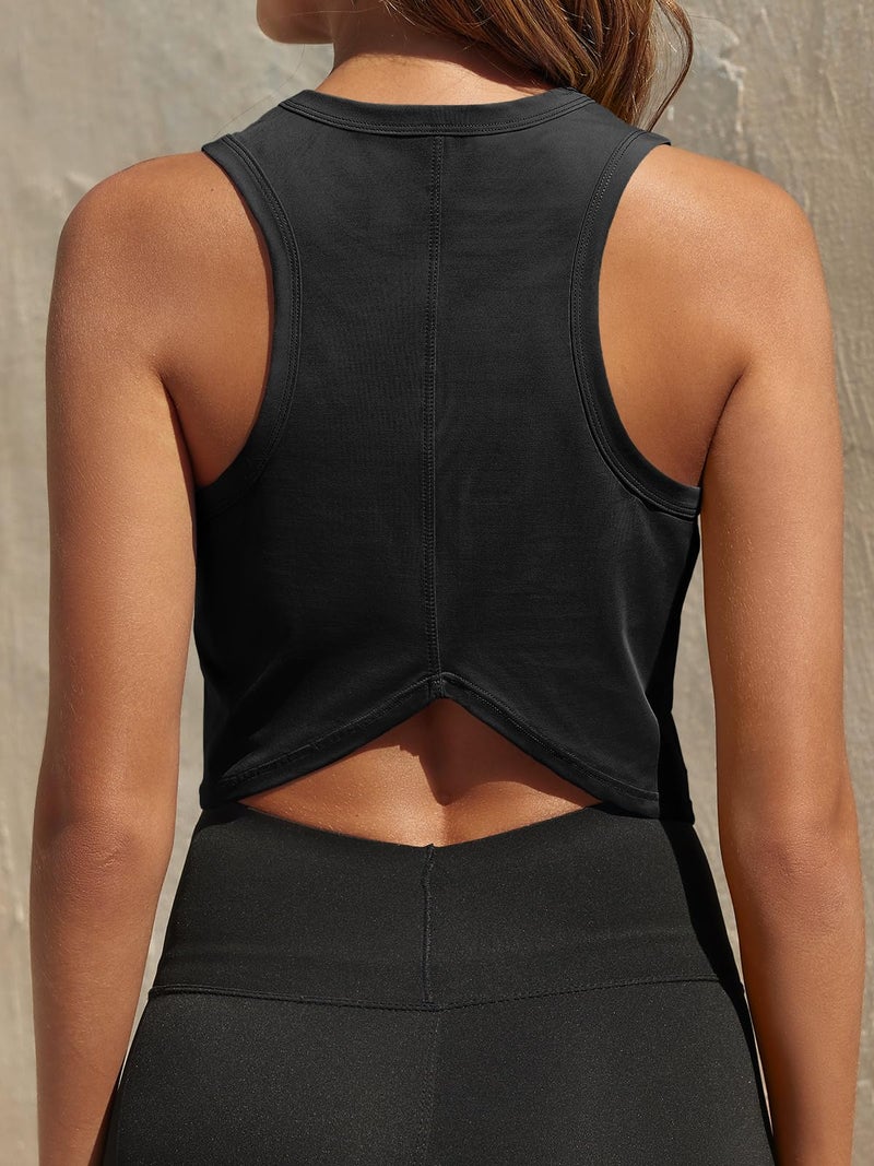 Fisoew Womens Workout Cropped Tank Tops Racerback Sleeveless Crewneck Running Yoga Active Shirts Black - Image 2
