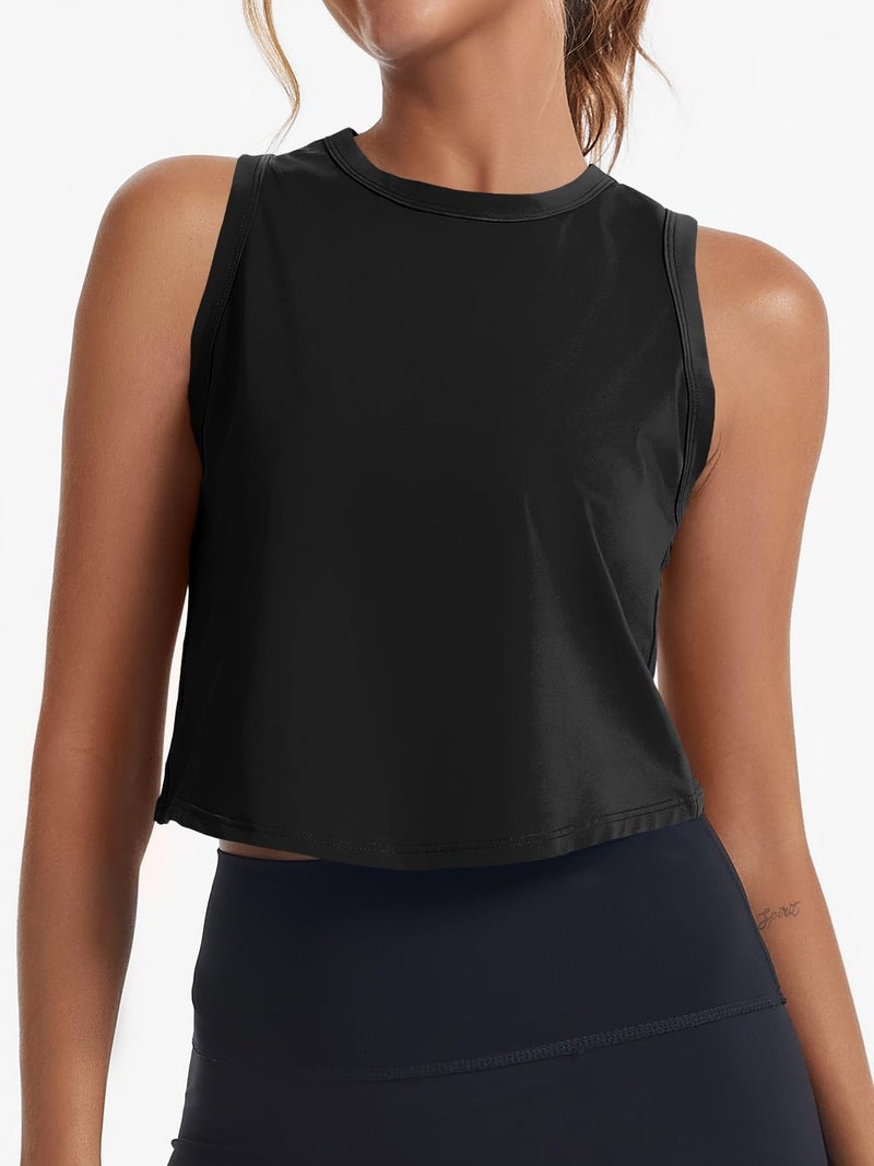 Fisoew Womens Workout Cropped Tank Tops Racerback Sleeveless Crewneck Running Yoga Active Shirts Black - Image 4
