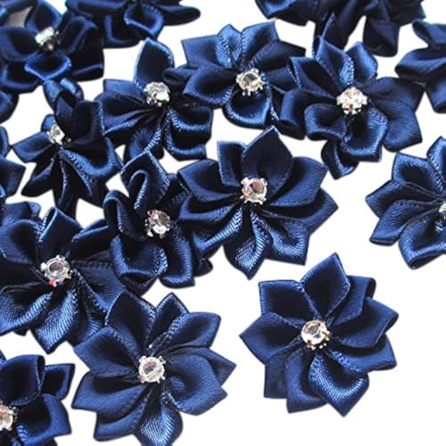 Chenkou Craft Navy 40pcs 28mm(1 1/8") Ribbon Flowers Bows Rhinestone Wedding Ornament Appliques - Image 1