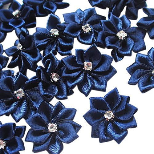 Chenkou Craft Navy 40pcs 28mm(1 1/8") Ribbon Flowers Bows Rhinestone Wedding Ornament Appliques - Image 2