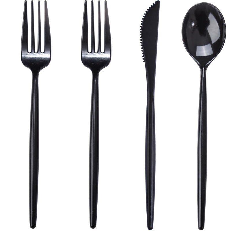 Rubtlamp Rubtlamp 90Pcs Plastic Black Silverware  Black Disposable Cutlery  Plastic Utensils Heay Duty include 30 Plastic Knives 60 Plastic Black Forks and Spoons  Black Cutlery Set Disposable  - Image 1