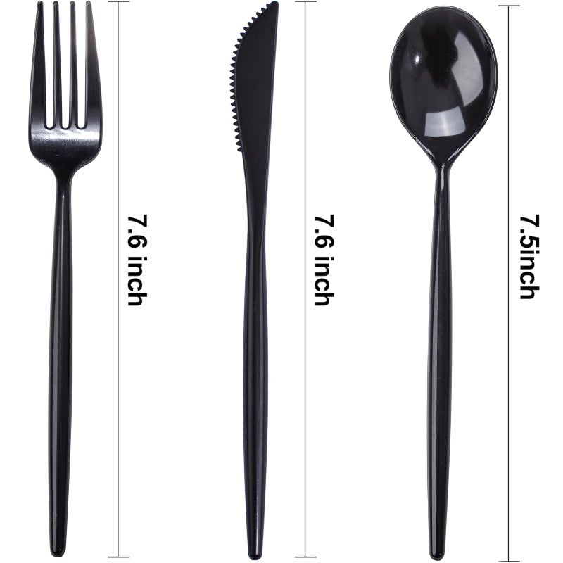 Rubtlamp Rubtlamp 90Pcs Plastic Black Silverware  Black Disposable Cutlery  Plastic Utensils Heay Duty include 30 Plastic Knives 60 Plastic Black Forks and Spoons  Black Cutlery Set Disposable  - Image 2