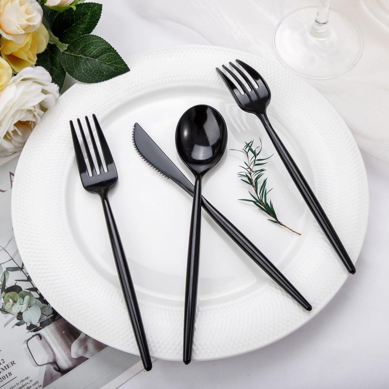 Rubtlamp Rubtlamp 90Pcs Plastic Black Silverware  Black Disposable Cutlery  Plastic Utensils Heay Duty include 30 Plastic Knives 60 Plastic Black Forks and Spoons  Black Cutlery Set Disposable  - Image 3