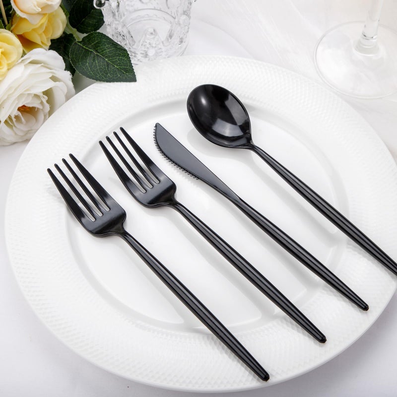 Rubtlamp Rubtlamp 90Pcs Plastic Black Silverware  Black Disposable Cutlery  Plastic Utensils Heay Duty include 30 Plastic Knives 60 Plastic Black Forks and Spoons  Black Cutlery Set Disposable  - Image 4