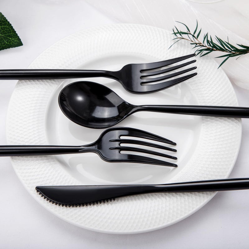 Rubtlamp Rubtlamp 90Pcs Plastic Black Silverware  Black Disposable Cutlery  Plastic Utensils Heay Duty include 30 Plastic Knives 60 Plastic Black Forks and Spoons  Black Cutlery Set Disposable  - Image 5