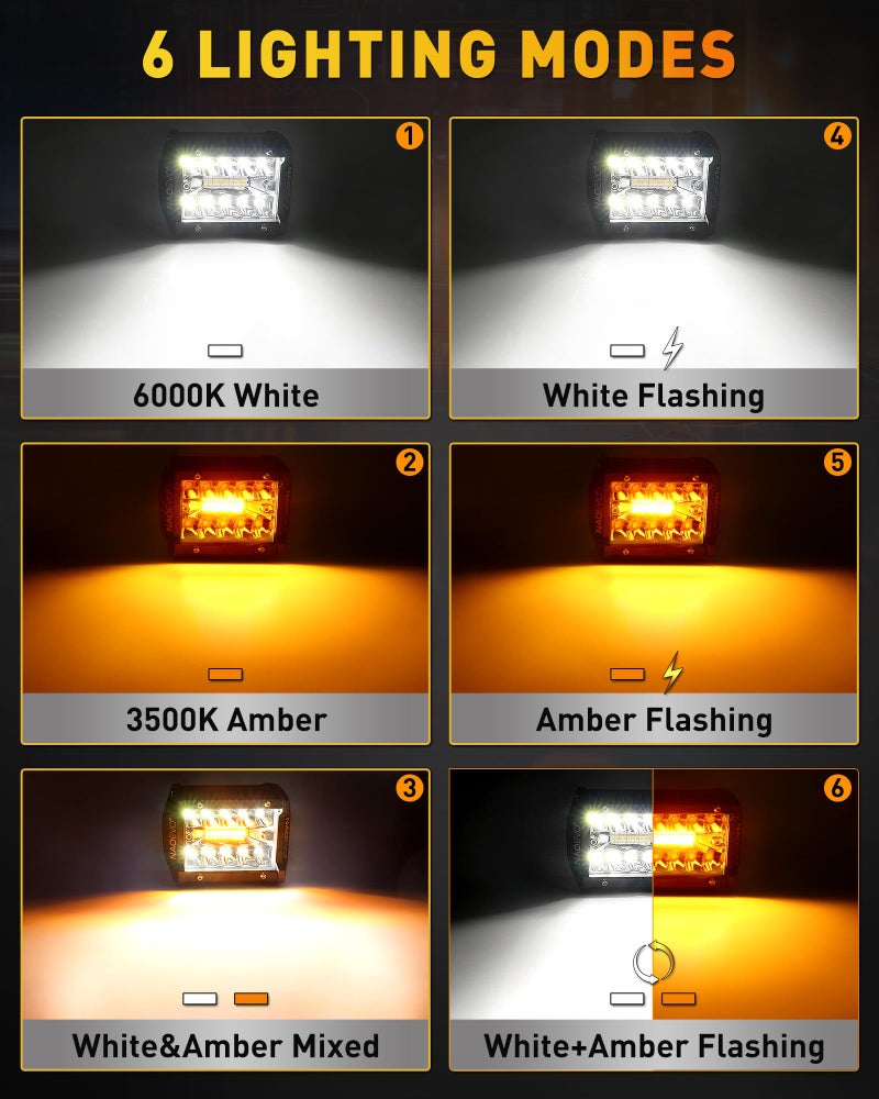 NAOEVO 4 Inch LED Pod Lights, White Amber LED Fog/Driving/Offroad Lights Strobe/Memory Mode and 2 Leads Wiring Harness, Cube Pods for Truck Boat ATV UTV, 2 Pcs (6 Modes) - Image 2