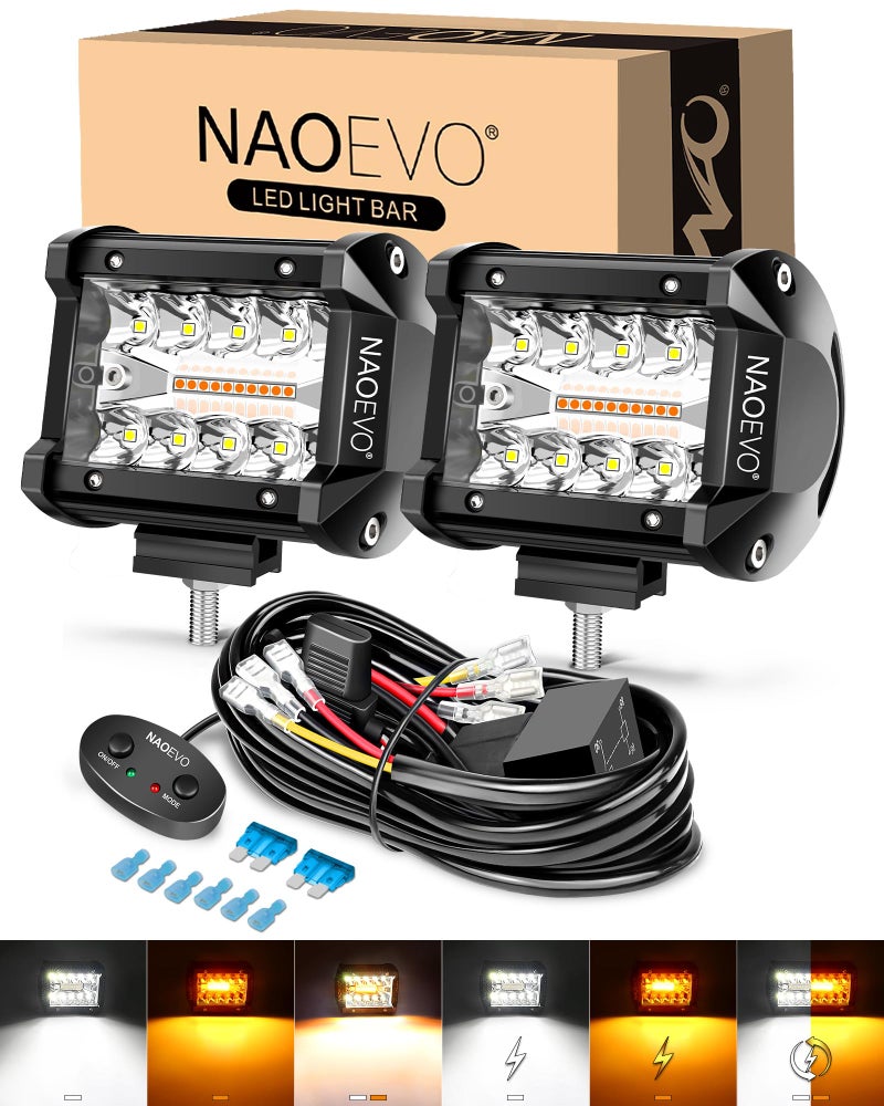 NAOEVO 4 Inch LED Pod Lights, White Amber LED Fog/Driving/Offroad Lights Strobe/Memory Mode and 2 Leads Wiring Harness, Cube Pods for Truck Boat ATV UTV, 2 Pcs (6 Modes) - Image 1