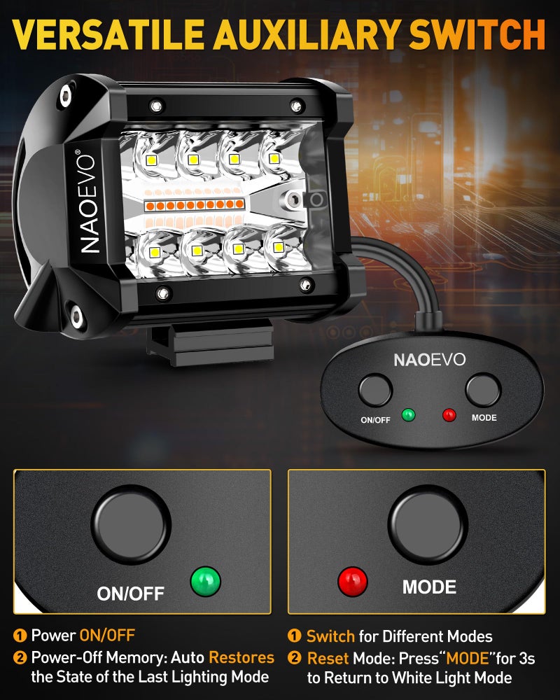 NAOEVO 4 Inch LED Pod Lights, White Amber LED Fog/Driving/Offroad Lights Strobe/Memory Mode and 2 Leads Wiring Harness, Cube Pods for Truck Boat ATV UTV, 2 Pcs (6 Modes) - Image 3