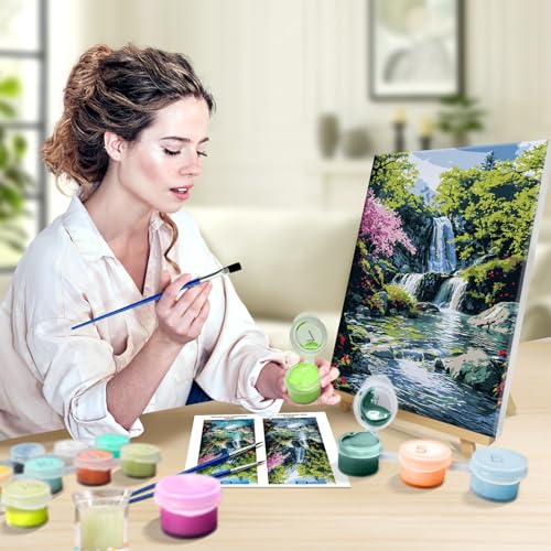 JOOZ طقم الرسم بالأرقام من JOOZ للبالغين مع إطار، رسم المناظر الطبيعية بالأرقام مع حامل، لوحة شلال الجبال بالأرقام، طقم رسم زيت المناظر الطبيعية DIY لتزيين جدران المنزل 8x12 بوصة - Image 4