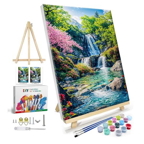 JOOZ طقم الرسم بالأرقام من JOOZ للبالغين مع إطار، رسم المناظر الطبيعية بالأرقام مع حامل، لوحة شلال الجبال بالأرقام، طقم رسم زيت المناظر الطبيعية DIY لتزيين جدران المنزل 8x12 بوصة - Image 1