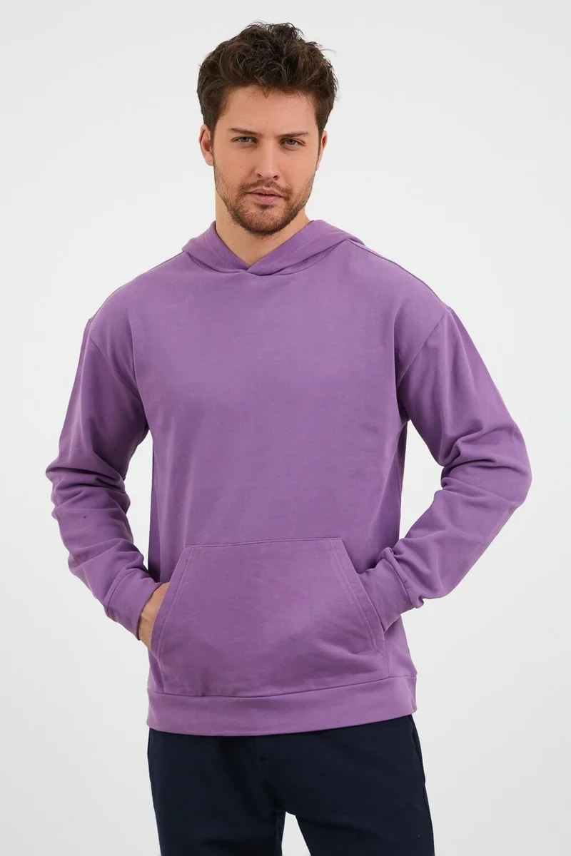 Odelon Men's Kangaroo Pocket Comfortable Fit Hooded Sports Sweatshirt Purple