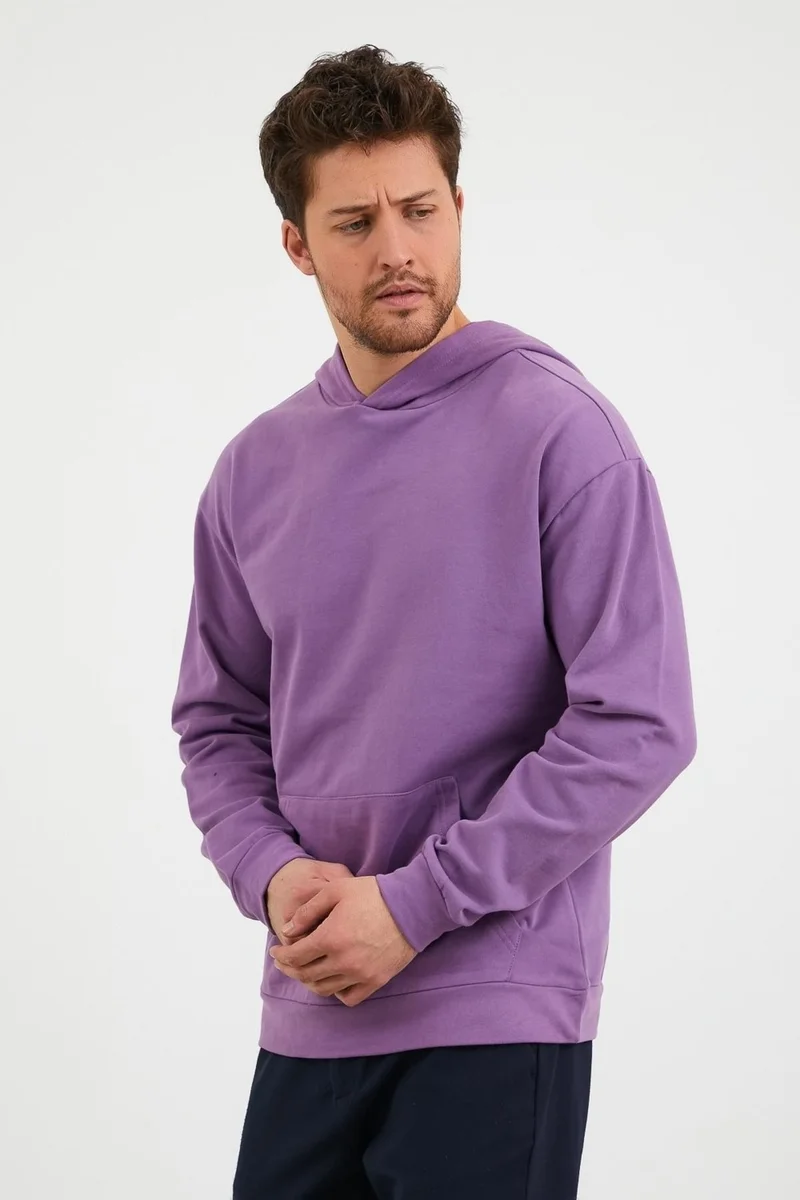Odelon Men's Kangaroo Pocket Comfortable Fit Hooded Sports Sweatshirt Purple