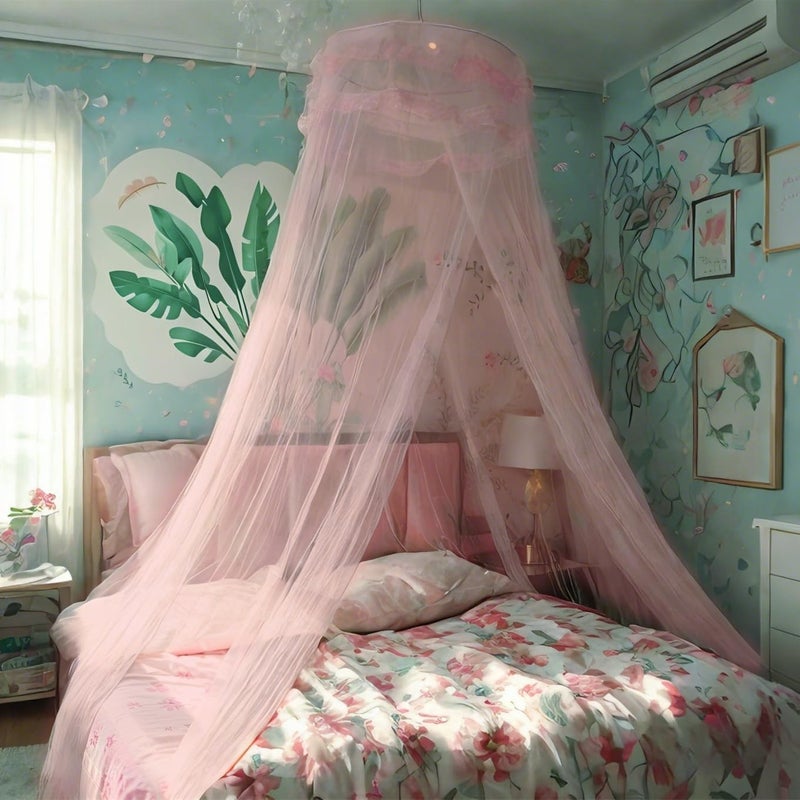 Eimilaly Lace Bed Canopy Mosquito Netting Princess Bed Canopy for Girls Room Decor PinkSingle Door