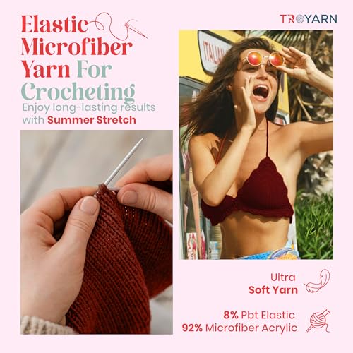 Troyarn Summer Stretch Acrylic Yarn for Crocheting 2 Skein Red Yarn Made from 100 Elastic Microfiber Acrylic for Knitting 100gr 438 yds 11457 Claret Red - Image 3