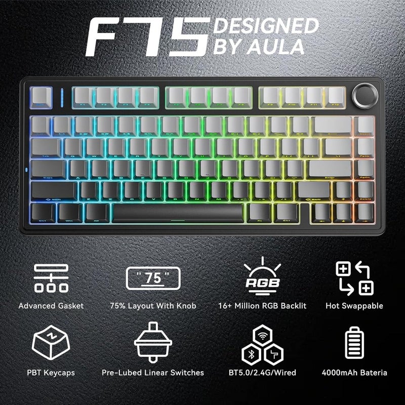 Aula F75 75 Wireless Gasket Gaming Keyboard Hot Swappable Pre-Lubed Reaper Switches Five-Layer Padding Knob 2.4GHz/Bluetooth 5.0/USB-C Tri-Mode RGB Backlit For PC Mac - Image 2