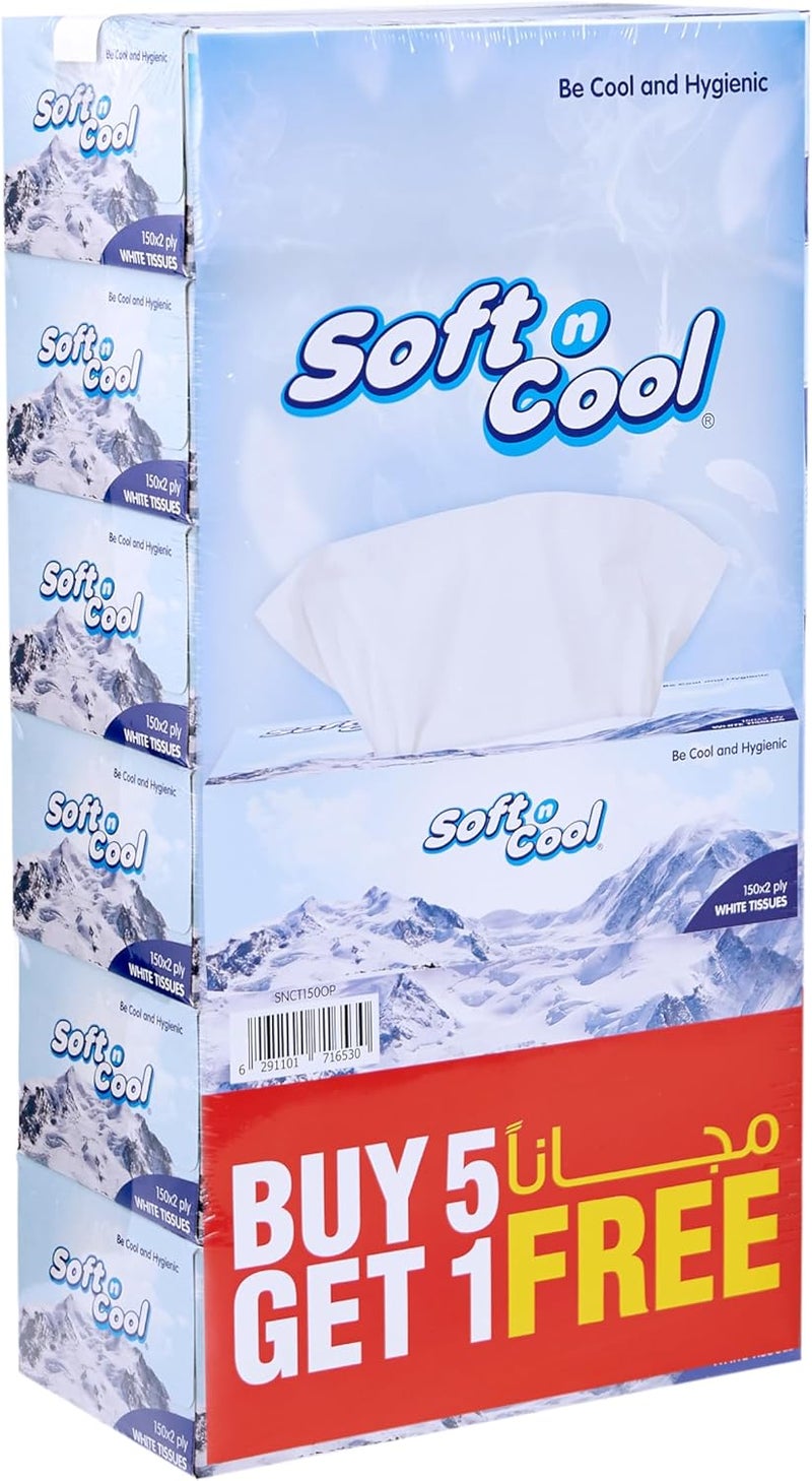 سوفت آند كول Soft N Cool مناديل وجه بيضاء طبقتين، 150 ورقة، عبوة عرض 5+1 صندوق مجاني - Image 1