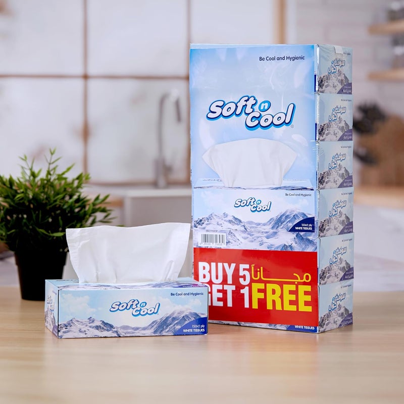 سوفت آند كول Soft N Cool مناديل وجه بيضاء طبقتين، 150 ورقة، عبوة عرض 5+1 صندوق مجاني - Image 2