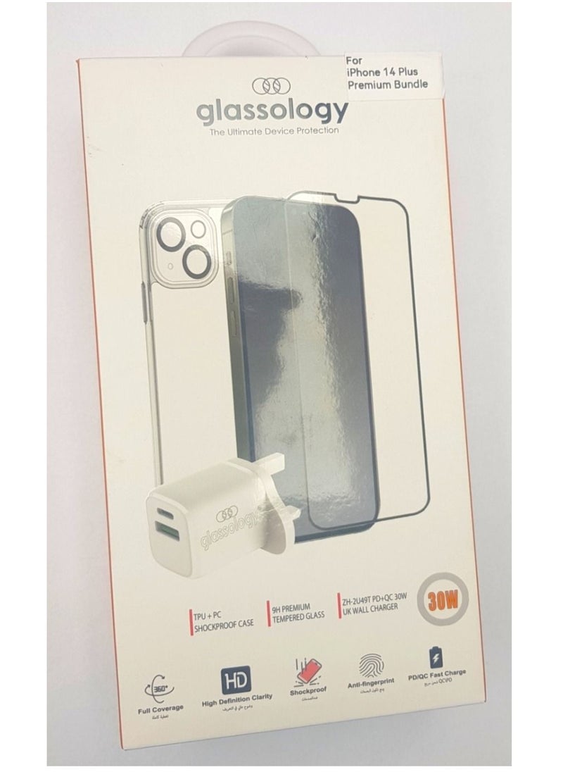 glassology - 4 in 1 iPhone 14 Plus Clear Screen Protector Case Lens Guard & Wall Adapter White - Image 1