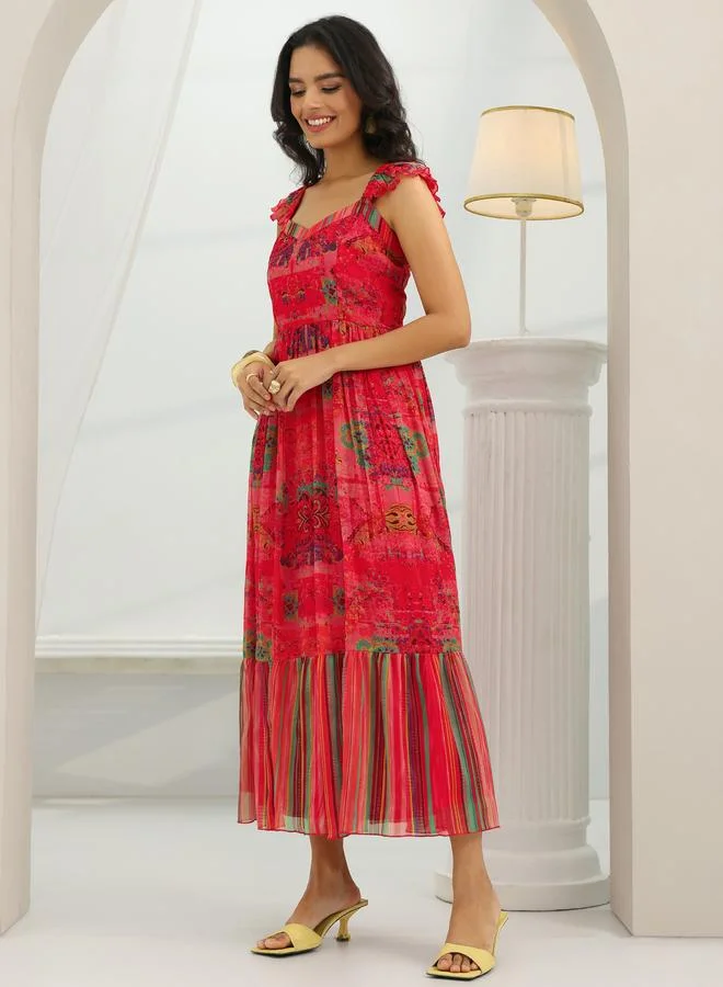 Libas Coral Chiffon Printed Tiered Midi Dress