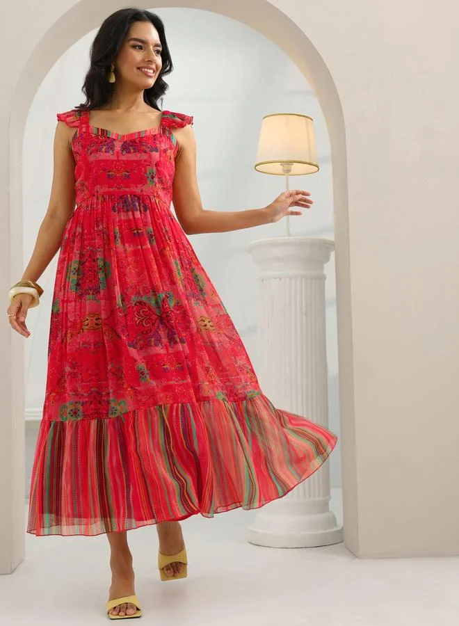 Libas Coral Chiffon Printed Tiered Midi Dress