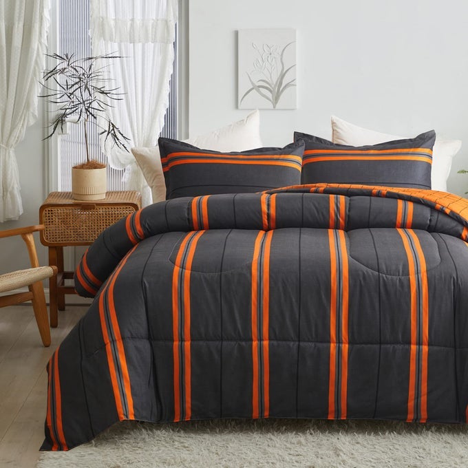 3 PCS MODERN BOHO HALLOWEEN COMFORTER SET FULLQUEEN SIZE FOR WOMEN BRIGHT ORANGE STRIPED ON BLACK DARK GREY SOFT MICROFIBER REVERSIBLE BEDDING SET FOR ALL SEASON