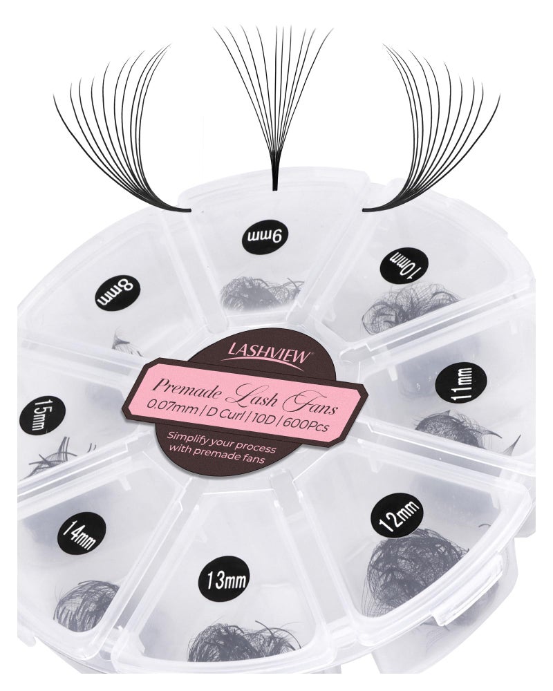 LASHVIEW 1000 Fans 10D Premade Volume Eyelash Extensions Mixed Tray Premade Fans Eyelash Extensions D Curl Premade Lash Fans Pointed Handmade Promade Loose Fans Thin Base (10D-0.07D,8-15mm) - Image 1