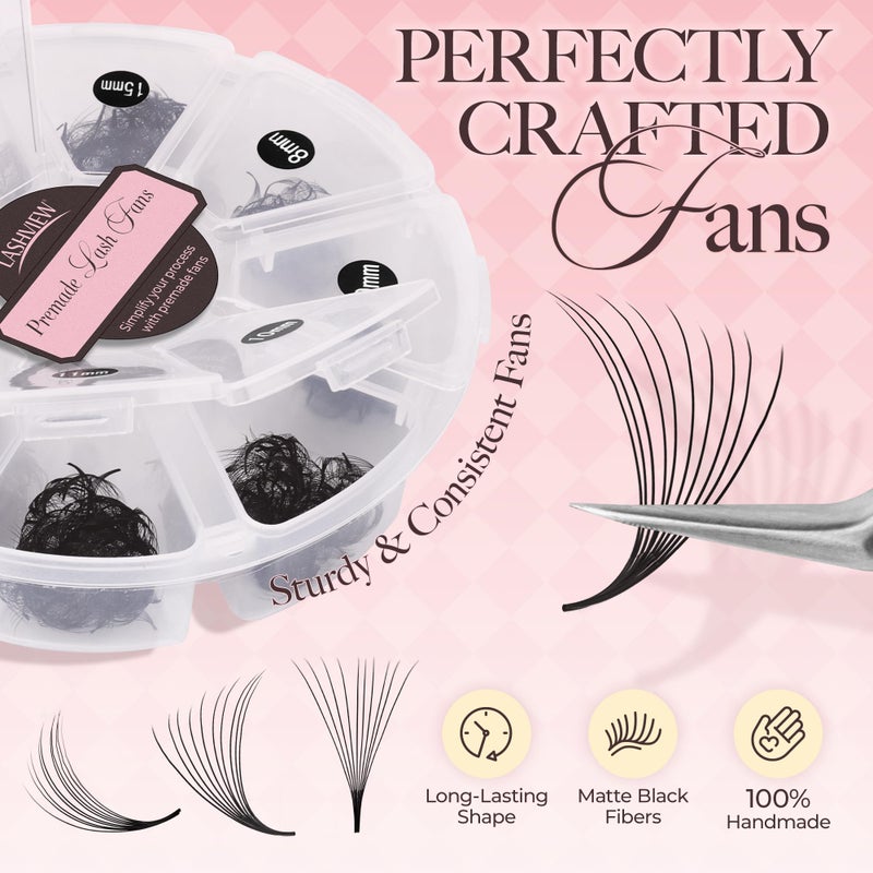 LASHVIEW 1000 Fans 10D Premade Volume Eyelash Extensions Mixed Tray Premade Fans Eyelash Extensions D Curl Premade Lash Fans Pointed Handmade Promade Loose Fans Thin Base (10D-0.07D,8-15mm) - Image 2