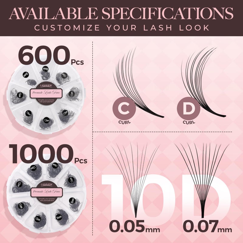 LASHVIEW 1000 Fans 10D Premade Volume Eyelash Extensions Mixed Tray Premade Fans Eyelash Extensions D Curl Premade Lash Fans Pointed Handmade Promade Loose Fans Thin Base (10D-0.07D,8-15mm) - Image 4