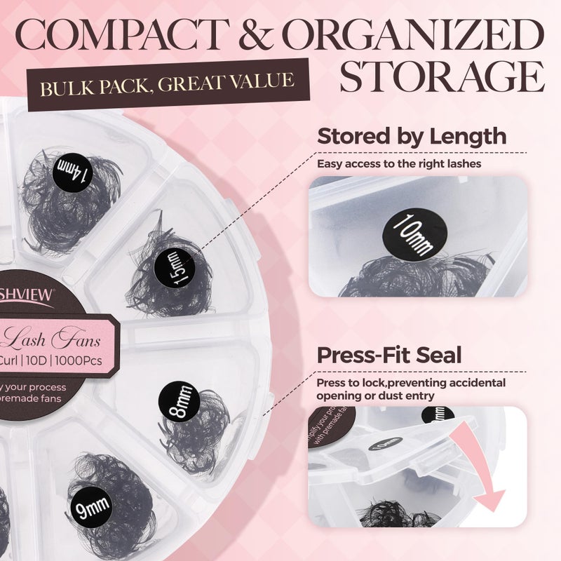 LASHVIEW 1000 Fans 10D Premade Volume Eyelash Extensions Mixed Tray Premade Fans Eyelash Extensions D Curl Premade Lash Fans Pointed Handmade Promade Loose Fans Thin Base (10D-0.07D,8-15mm) - Image 5