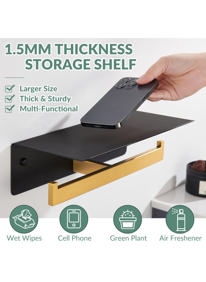 APLusee APLusee Double Toilet Paper Holder with Phone Shelf  304 Stainless Steel Bathroom Tissue Hanger  Wall Mounted Dual Roll Paper Dispenser  Black & Gold  - Image 4