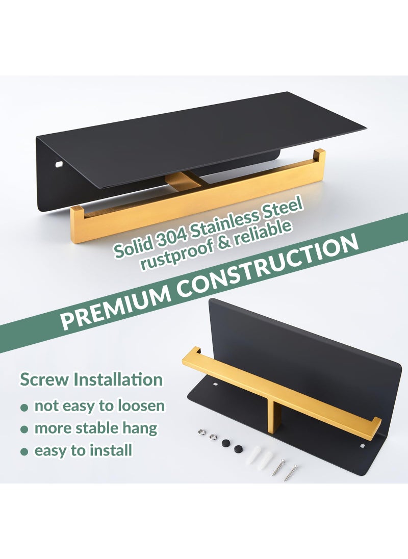 APLusee APLusee Double Toilet Paper Holder with Phone Shelf  304 Stainless Steel Bathroom Tissue Hanger  Wall Mounted Dual Roll Paper Dispenser  Black & Gold  - Image 5