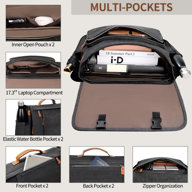 ESTARER Men's Messenger Bag 17.3 Inch Upgraded, Water-resistant Canvas Laptop Bag, Computer Shoulder Bag for College Travel Work, Dark Grey - Image 5