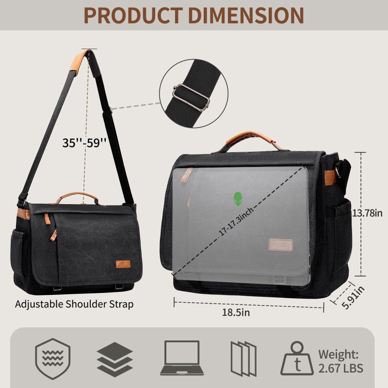 ESTARER Men's Messenger Bag 17.3 Inch Upgraded, Water-resistant Canvas Laptop Bag, Computer Shoulder Bag for College Travel Work, Dark Grey - Image 4