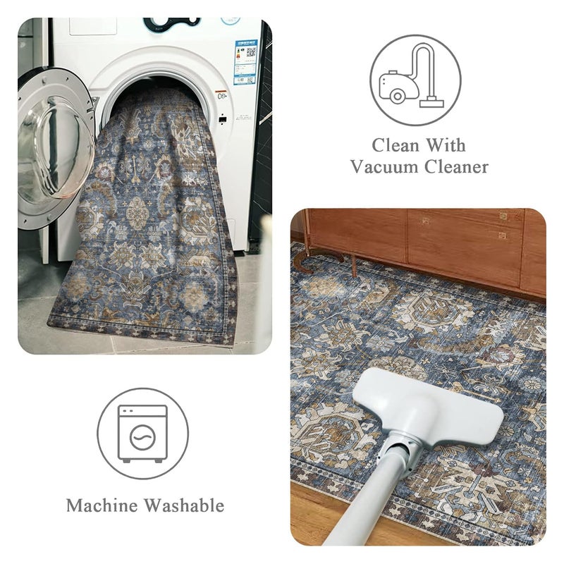 RUGSURE Washable Area Rugs - Perfect for Living Room, Bedroom, Kids Room, Nursery - Stain & Water Resistant Non-Slip, Pet & Child Friendly, Vintage Tribal Area Rugs (Navy, 4' x 6') - Image 4