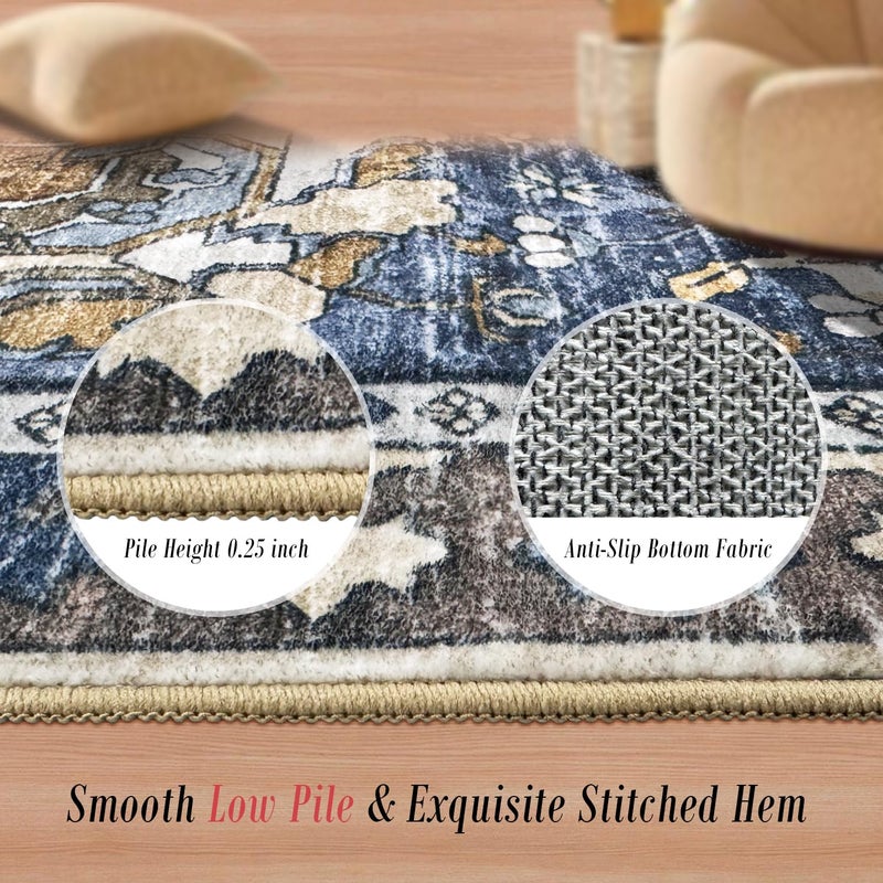 RUGSURE Washable Area Rugs - Perfect for Living Room, Bedroom, Kids Room, Nursery - Stain & Water Resistant Non-Slip, Pet & Child Friendly, Vintage Tribal Area Rugs (Navy, 4' x 6') - Image 3
