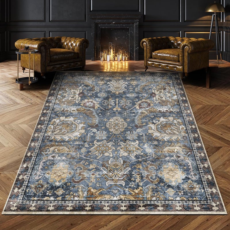RUGSURE Washable Area Rugs - Perfect for Living Room, Bedroom, Kids Room, Nursery - Stain & Water Resistant Non-Slip, Pet & Child Friendly, Vintage Tribal Area Rugs (Navy, 4' x 6') - Image 1