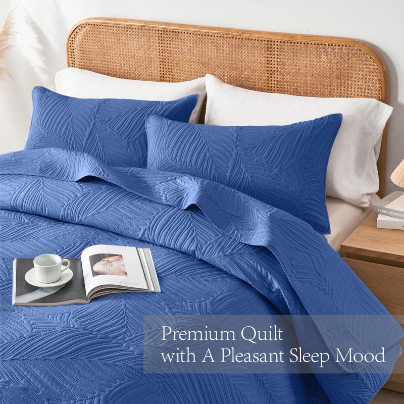 OARAGE King Quilt Bedding Set Lightweight Soft Dark Blue Bedspread Coverlet with Leaf Pattern Ultrasonic Microfiber Bed Cover Set for All Season 3 Pieces (1 Quilt  2 Shams) - Image 3