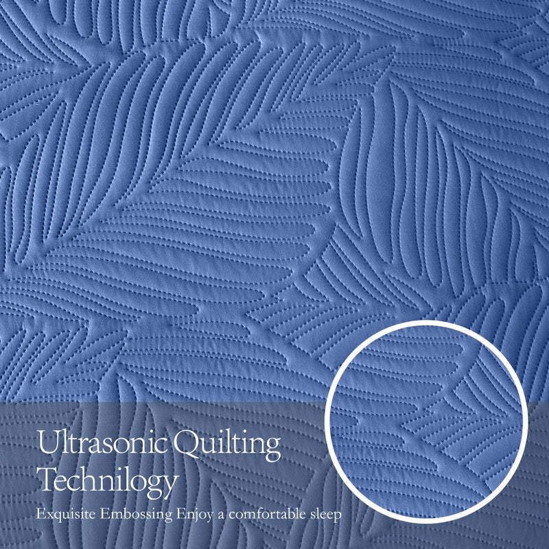 OARAGE King Quilt Bedding Set Lightweight Soft Dark Blue Bedspread Coverlet with Leaf Pattern Ultrasonic Microfiber Bed Cover Set for All Season 3 Pieces (1 Quilt  2 Shams) - Image 4