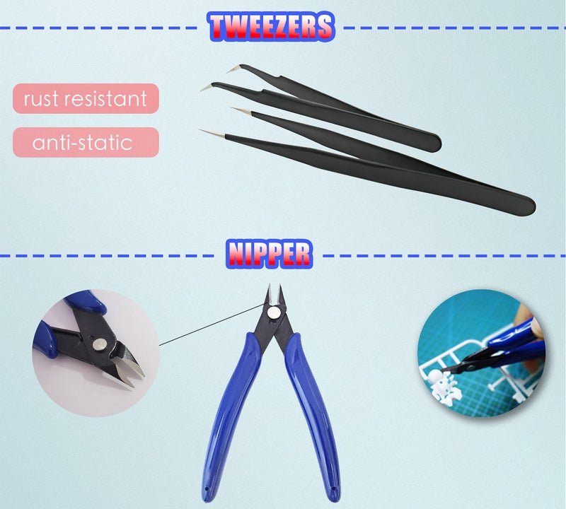 HOPLEX Model Tools Kit 20 in 1 Adults Hobby Building Tools Set Basic Tools with Nippers Tweezers Needle Files Polishing Bars for Car Airplane Model Building Repairing and Fixing - Image 4