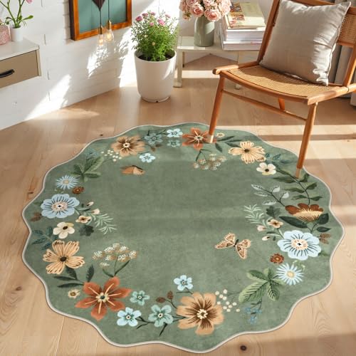 La Home Lahome Floral Round Area Rugs Washable Small Round Rug 3ft NonSlip Soft Boho UltraThin Circle Carpet for Bedroom Entryway Kitchen Laundry Bathroom Green - Image 1