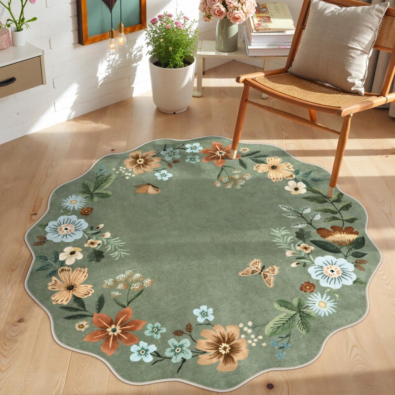 La Home Lahome Floral Round Area Rugs Washable Small Round Rug 3ft NonSlip Soft Boho UltraThin Circle Carpet for Bedroom Entryway Kitchen Laundry Bathroom Green - Image 2