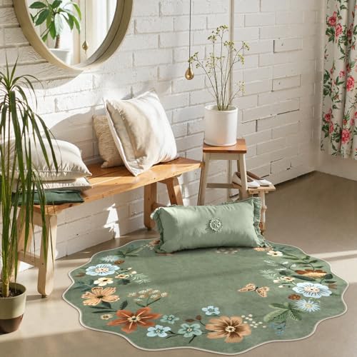 La Home Lahome Floral Round Area Rugs Washable Small Round Rug 3ft NonSlip Soft Boho UltraThin Circle Carpet for Bedroom Entryway Kitchen Laundry Bathroom Green - Image 3