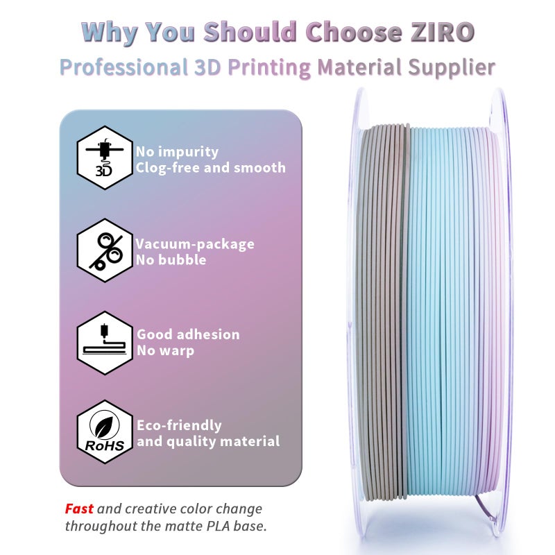 ZIRO Fast Color Changing PLA, Matte Multi Colors Filament 1.75mm, No-Shine Rainbow 3D Printer Filament, Fit Most 3D Printers, 1KG/ 2.2lbs Gradient Spool, Drift Feather - Image 3