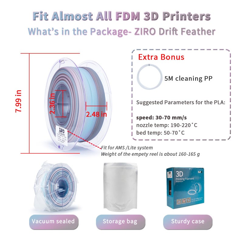 ZIRO Fast Color Changing PLA, Matte Multi Colors Filament 1.75mm, No-Shine Rainbow 3D Printer Filament, Fit Most 3D Printers, 1KG/ 2.2lbs Gradient Spool, Drift Feather - Image 5