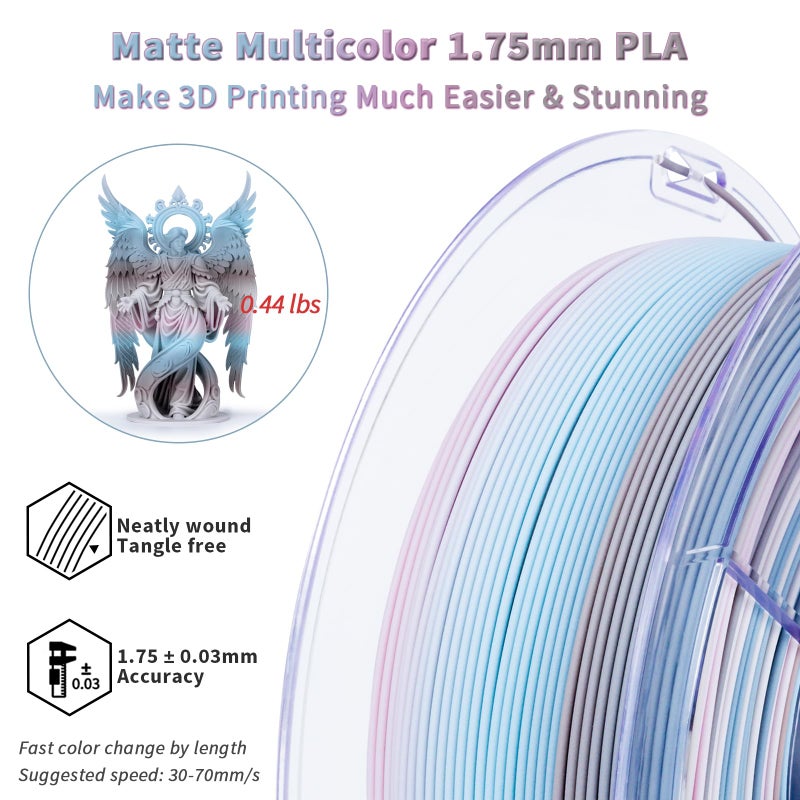 ZIRO Fast Color Changing PLA, Matte Multi Colors Filament 1.75mm, No-Shine Rainbow 3D Printer Filament, Fit Most 3D Printers, 1KG/ 2.2lbs Gradient Spool, Drift Feather - Image 4
