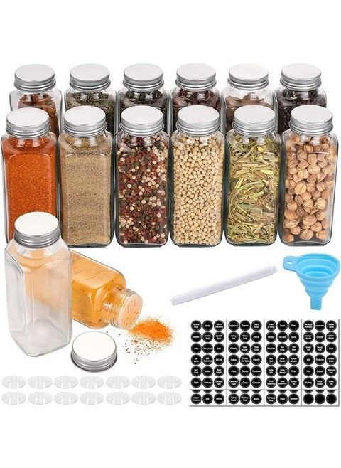 14 pcs Glass Spice Jars with Lids and Labels,120ml Small Spice Containers with Silver Lids for Preserving Spices and Herbs