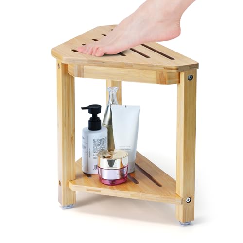 Boulphia Shower Foot Rest 138in Bamboo Shower Stool for Shaving Legs Waterproof Corner Shower Stool with Storage Shelf Shower Foot Stool for Inside Small Shower Spaces - Image 2
